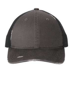 C600_greysteelblack_hat_straight Port Authority Distressed Mesh Back Cap C600 - Image 1