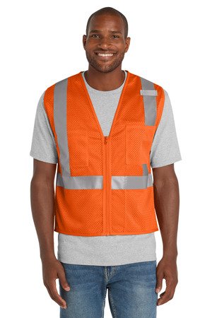 CSV102_safetyorange_model_front CornerStone ANSI 107 Class 2 Mesh Zippered Vest. CSV102 - Image 1