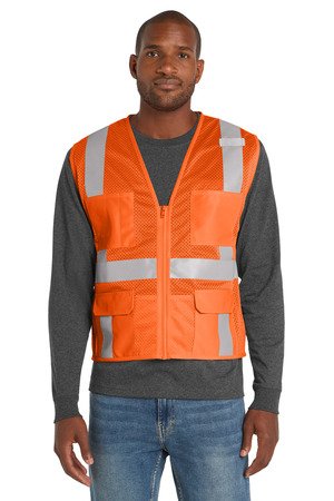 CSV104_safetyorange_model_front CornerStone ANSI 107 Class 2 Mesh Six-Pocket Zippered Vest. CSV104 - Image 1