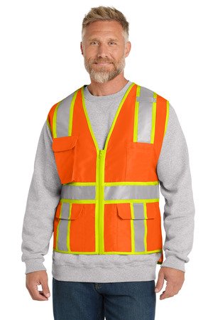 CSV105_safetyorange_model_front CornerStone ANSI 107 Class 2 Surveyor Zippered Two-Tone Vest. CSV105 - Image 1