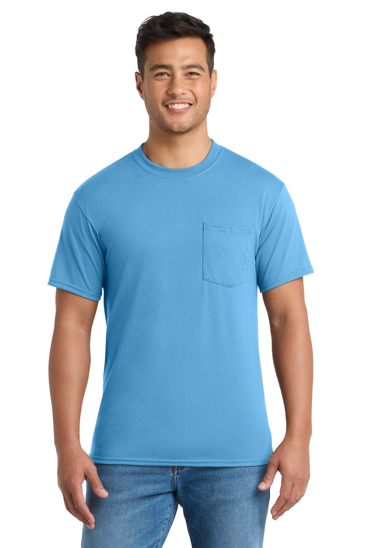 PC55P_aquaticblue_model_front Port & Co™ Core Blend Pocket Tee. PC55P - Image 1