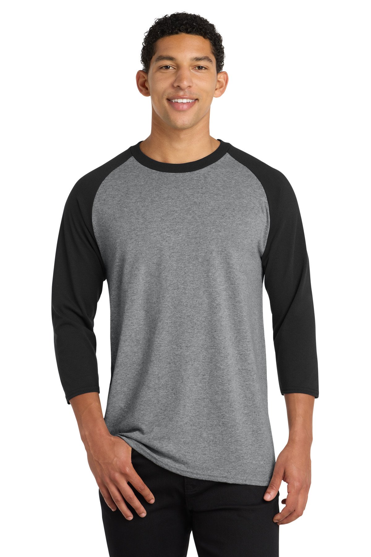 PC55RS_athleticheatherjetblack_model_front Port & Co™ Core Blend 3/4-Sleeve Raglan Tee. PC55RS - Image 1