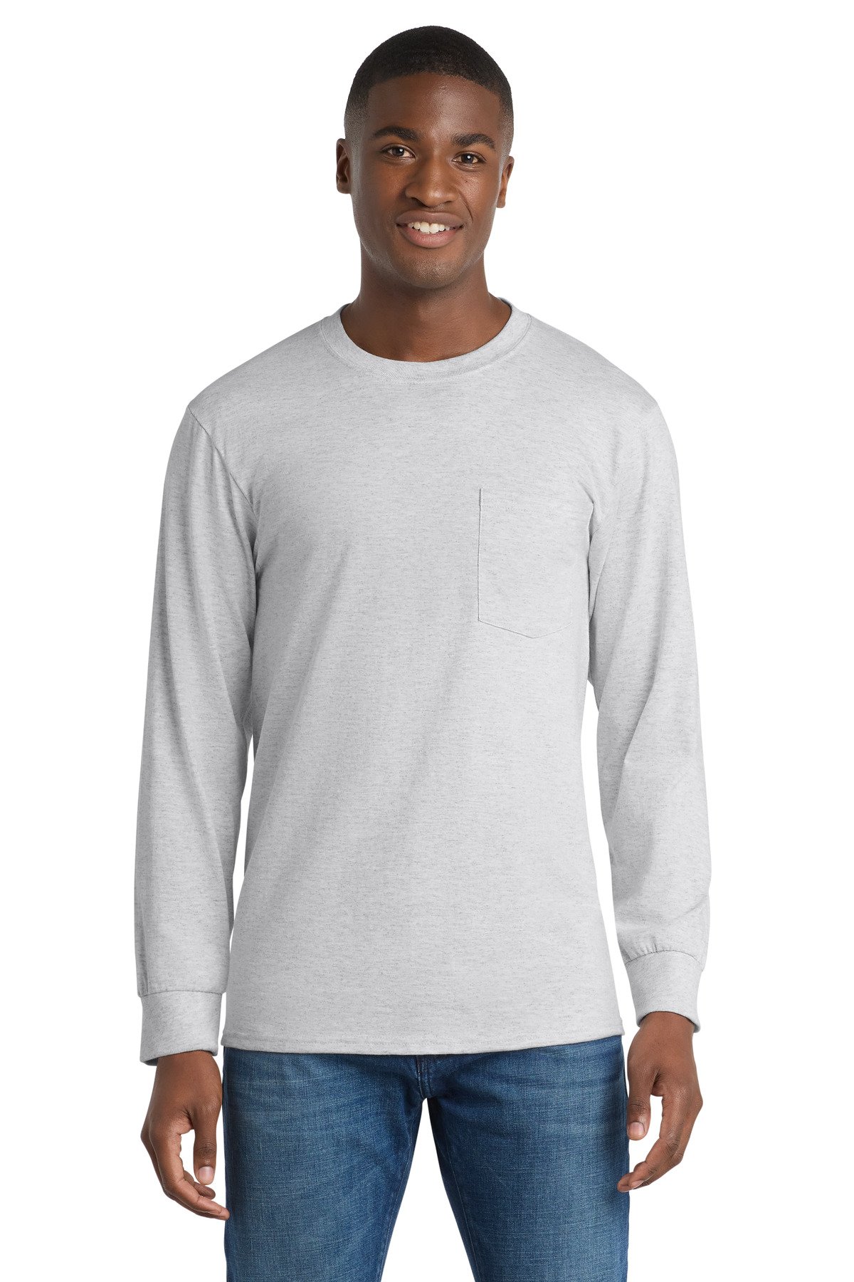 PC61LSP_ash_model_front Port & Co™ Long Sleeve Essential Pocket Tee. PC61LSP - Image 1