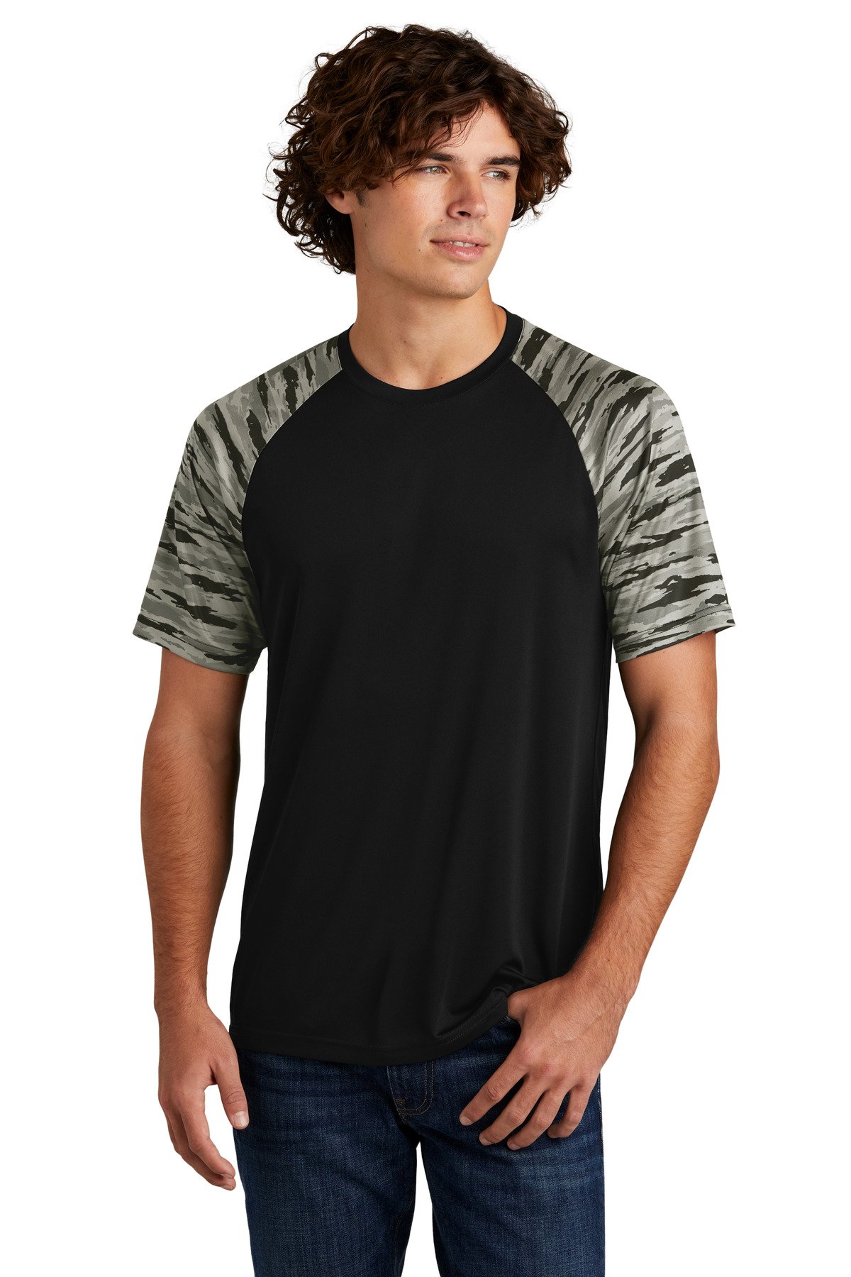 ST376_black_model_front Sport-Tek® Drift Camo Colorblock Tee ST376 - Image 1